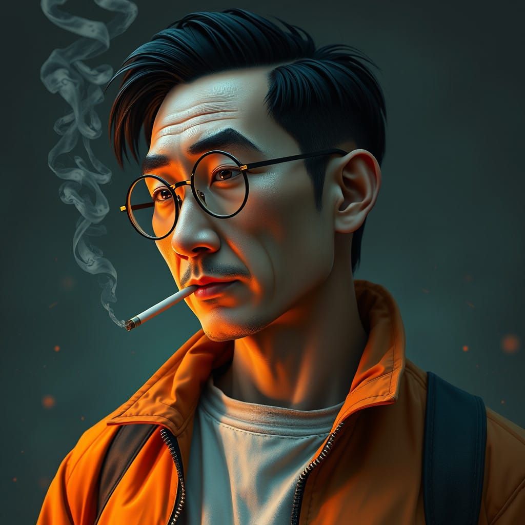 Sleek Asian Hero in Orange Bomber Jacket, Side Profile