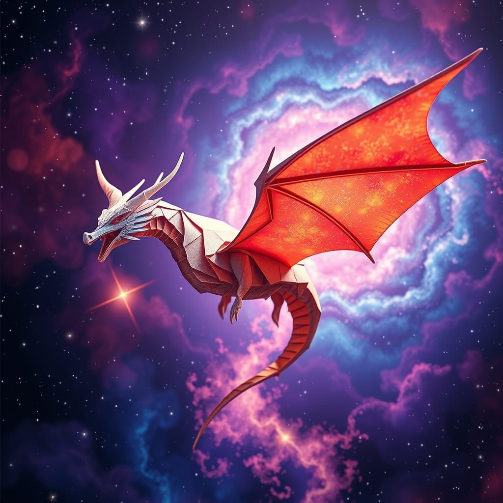Origami Dragon Soaring Through Galaxy in Cosmic Style