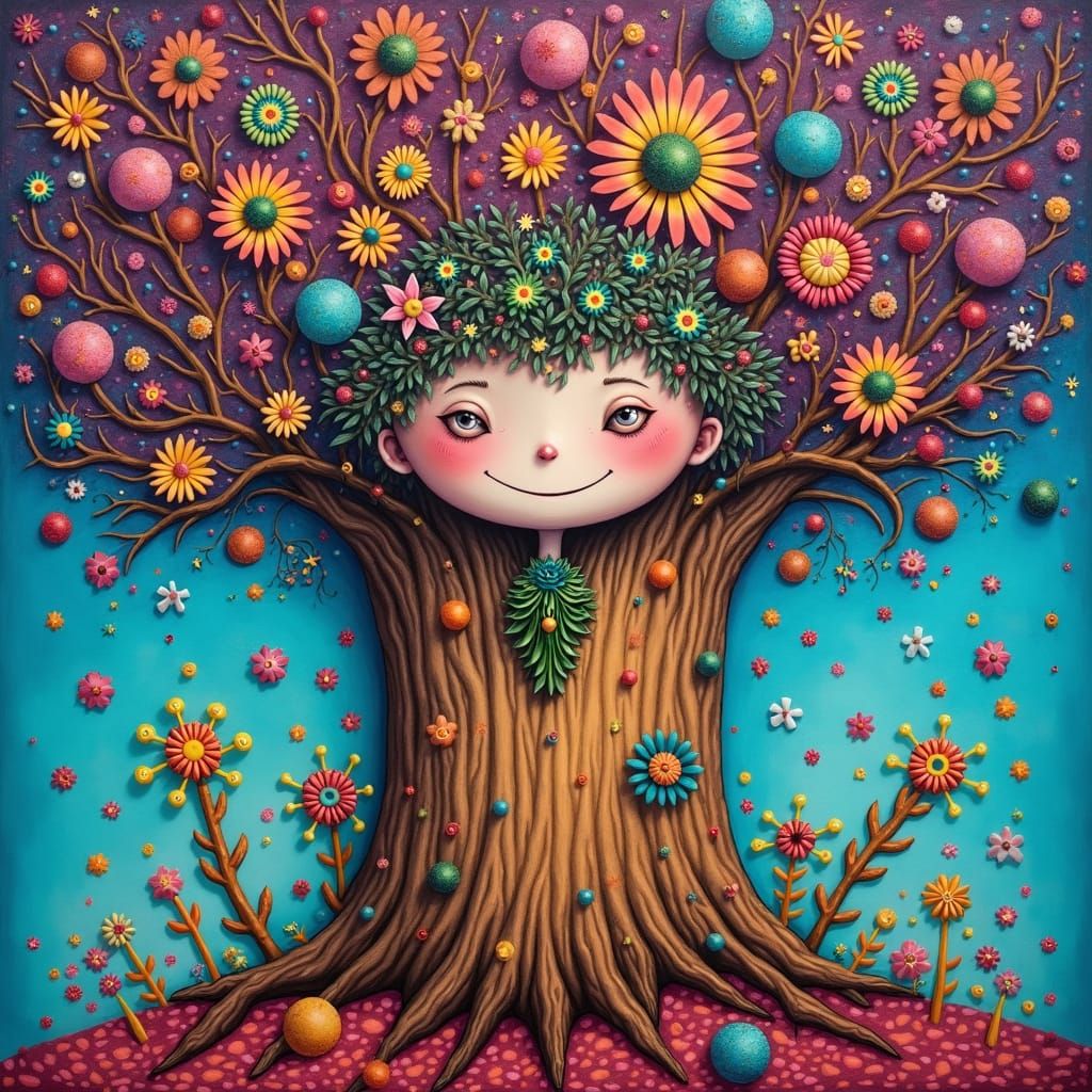 Whimsical Tree in Candyland Wonderland: Surreal Gouache Art