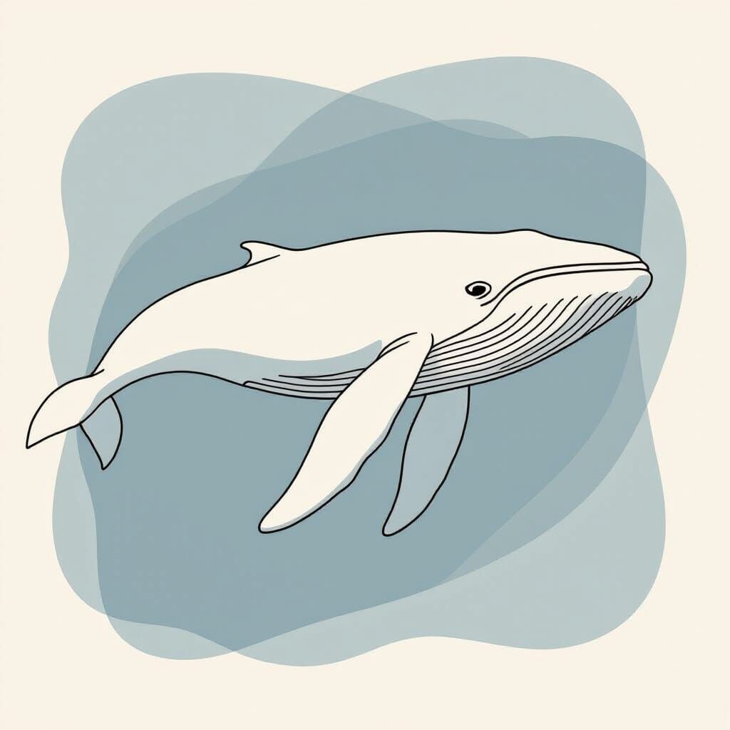 Minimalist White Whale Line Drawing in Cyanotype Style