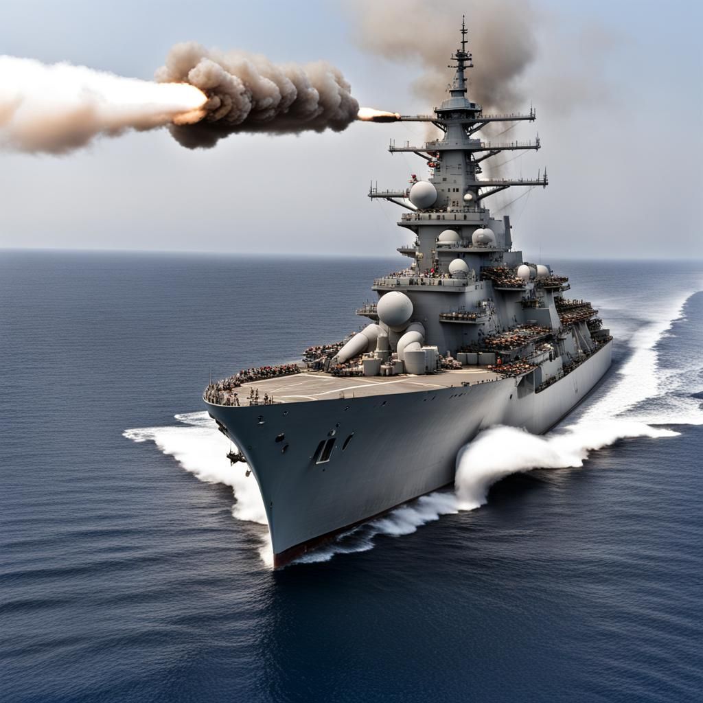 Side view US War Ship firing weapons