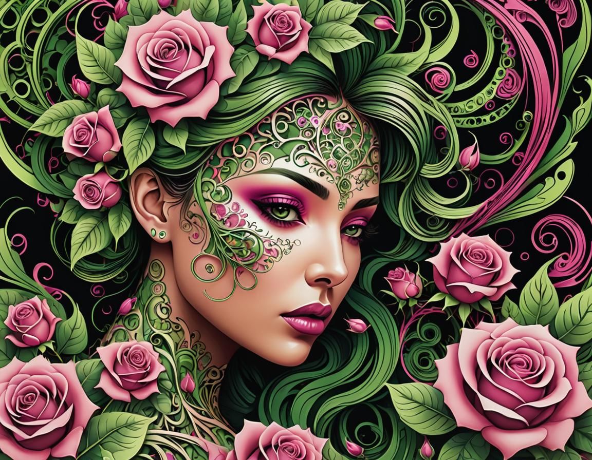 Abstract Fractal: Woman's Silhouette with Roses