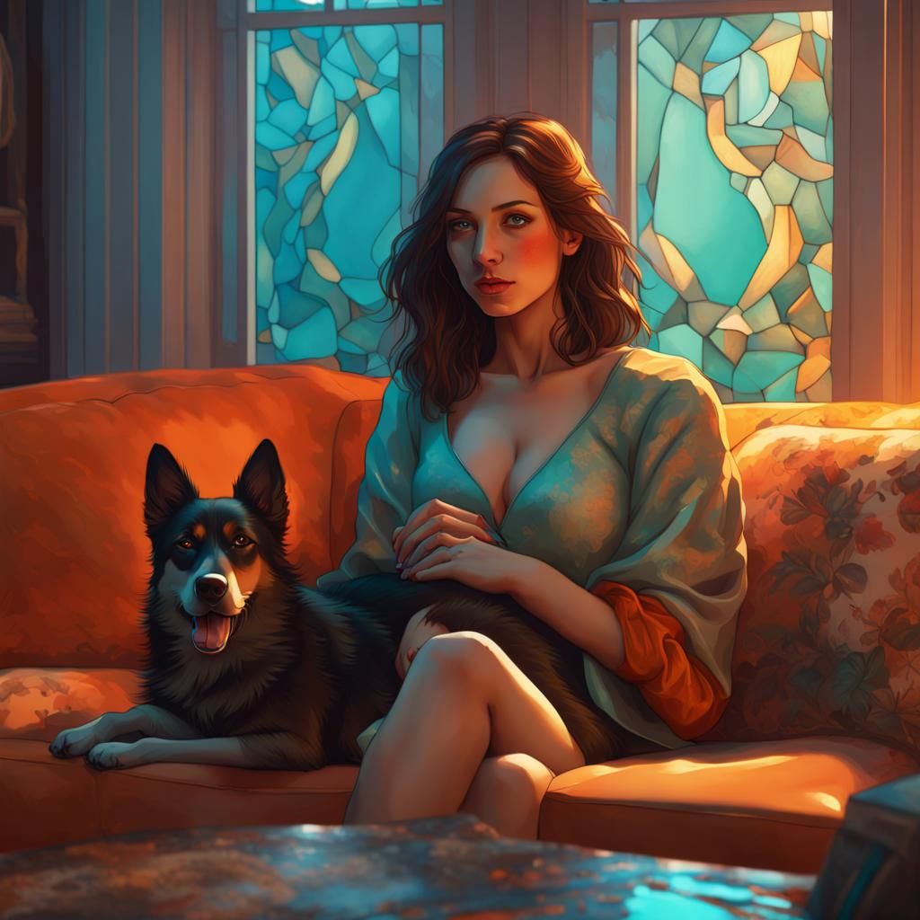 Brunette Woman with Dog in Art Nouveau Style