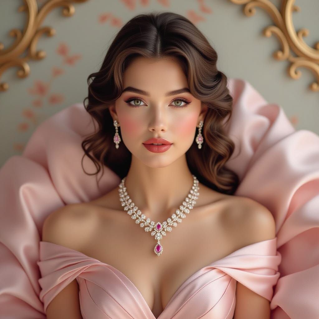 Elegant Woman in Pink Gown, Vintage Airbrush Style