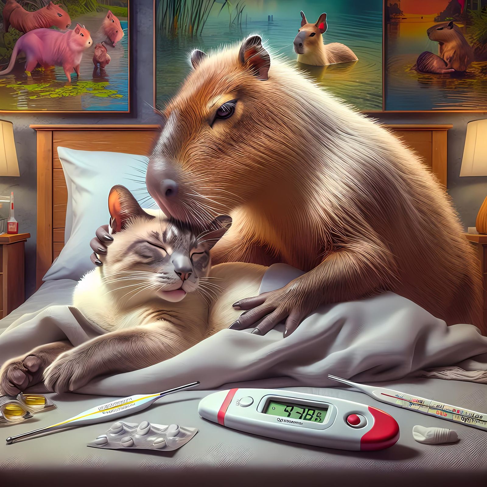 Capybara Comforts Sick Siamese Cat: Hyperrealistic Concept A...