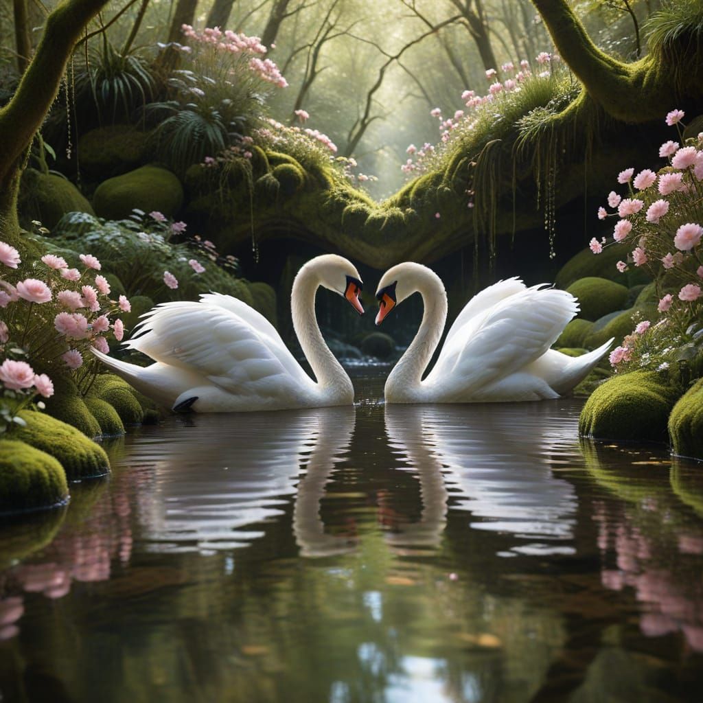 Intricate Swans Forming Heart Shape on Mirror Brook
