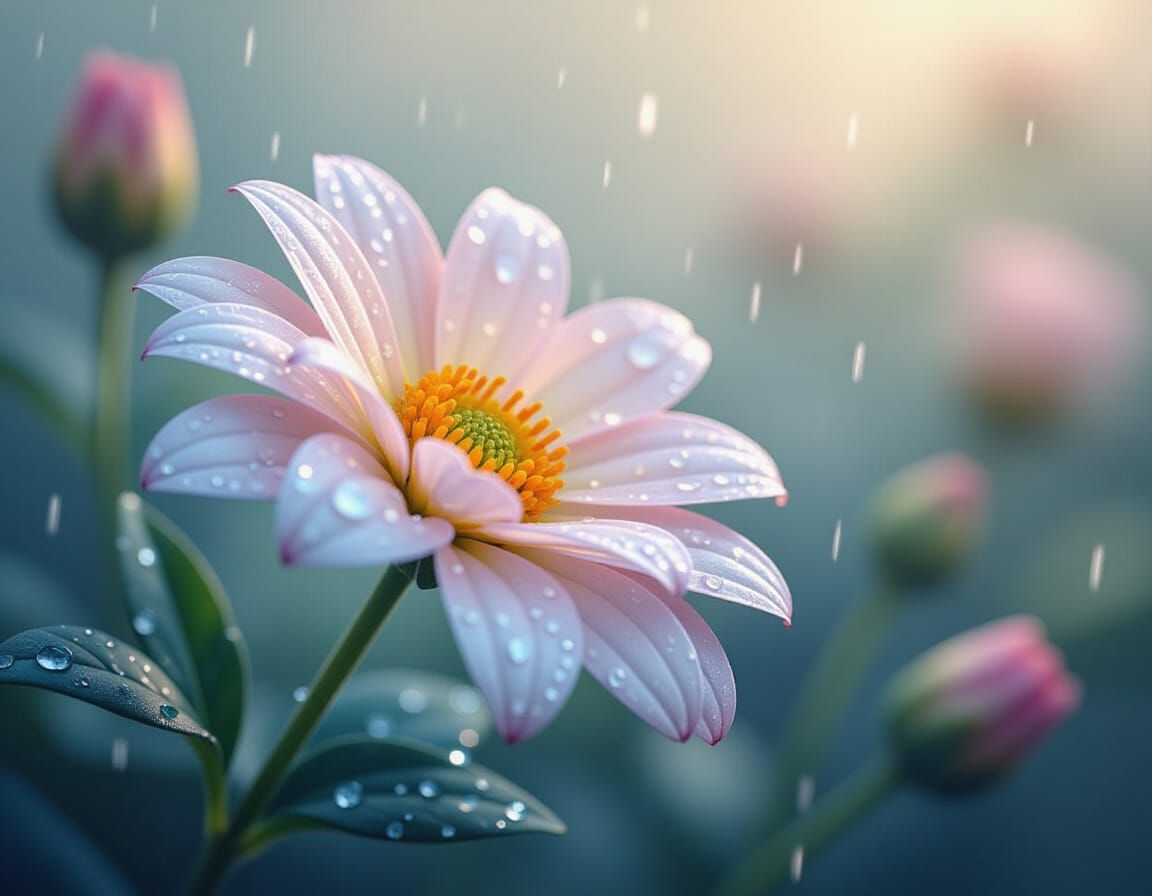 Botanical Luxury with Raindrops, Digital Matte Painting