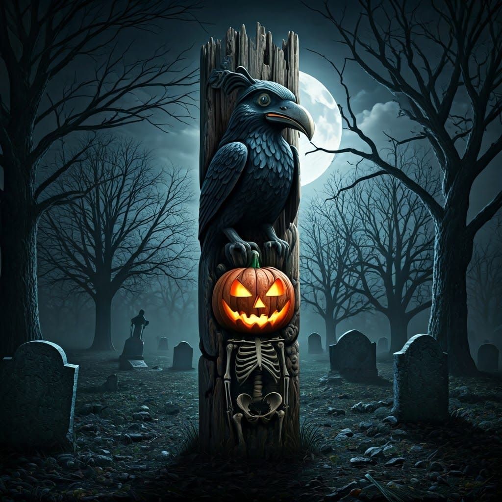 Ominous Halloween Totem Pole in Graveyard