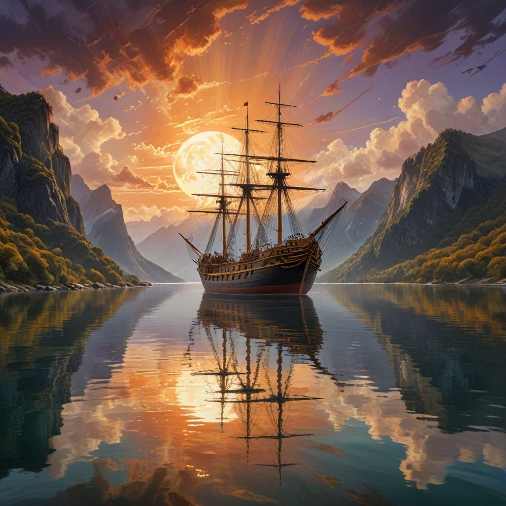 Sailing Ship in Mountain Valley at Sunset