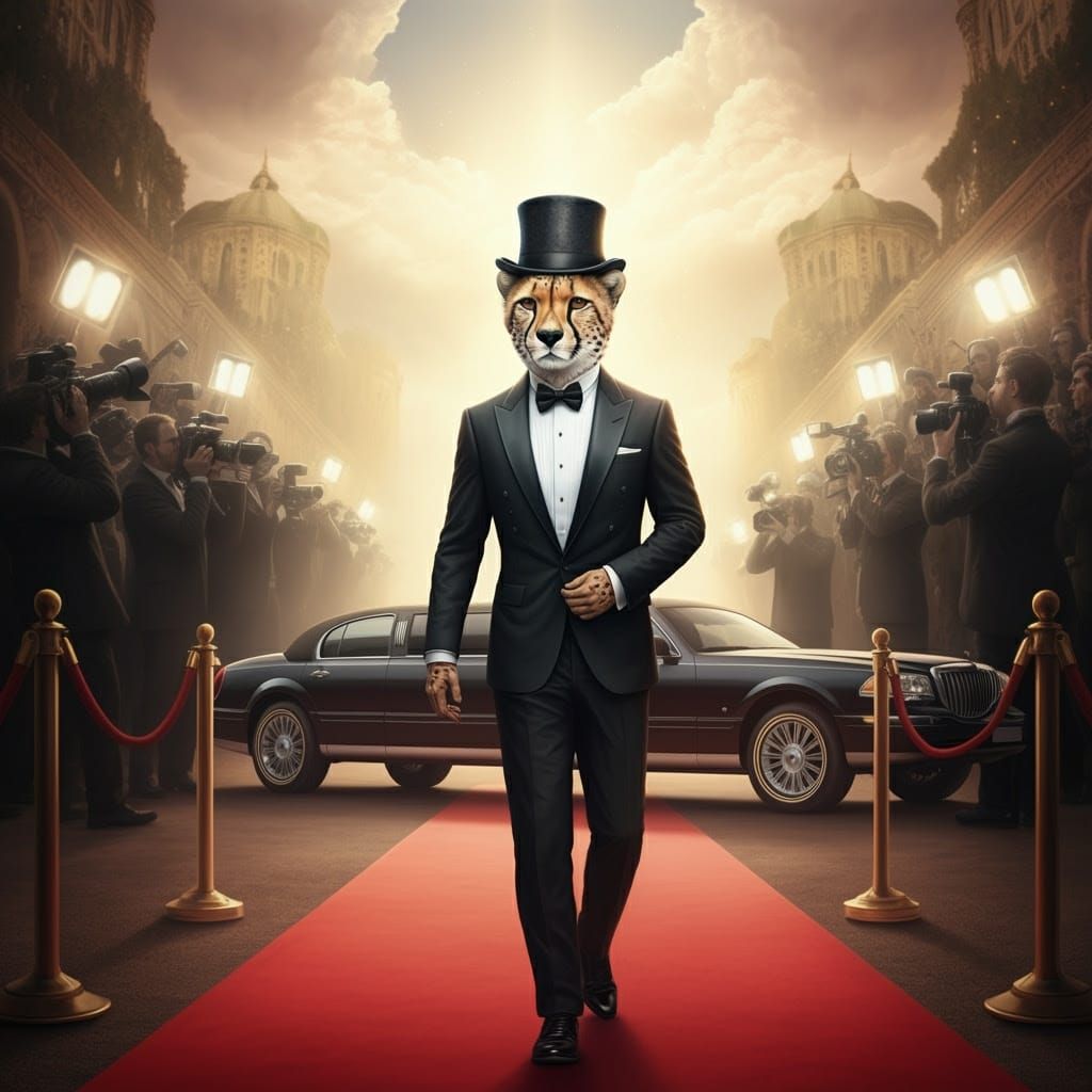 Dapper Cheetah Struts Down Red Carpet in Elegant Tuxedo