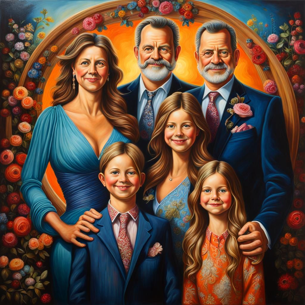 Whimsical Family Portrait in Scratchy Oil Style