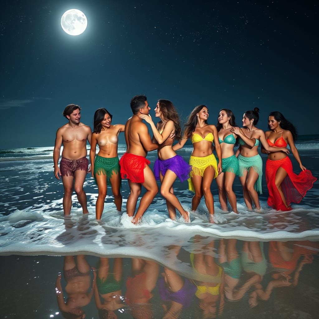 Vibrant Moonlit Beach Scene with Dancing Couples