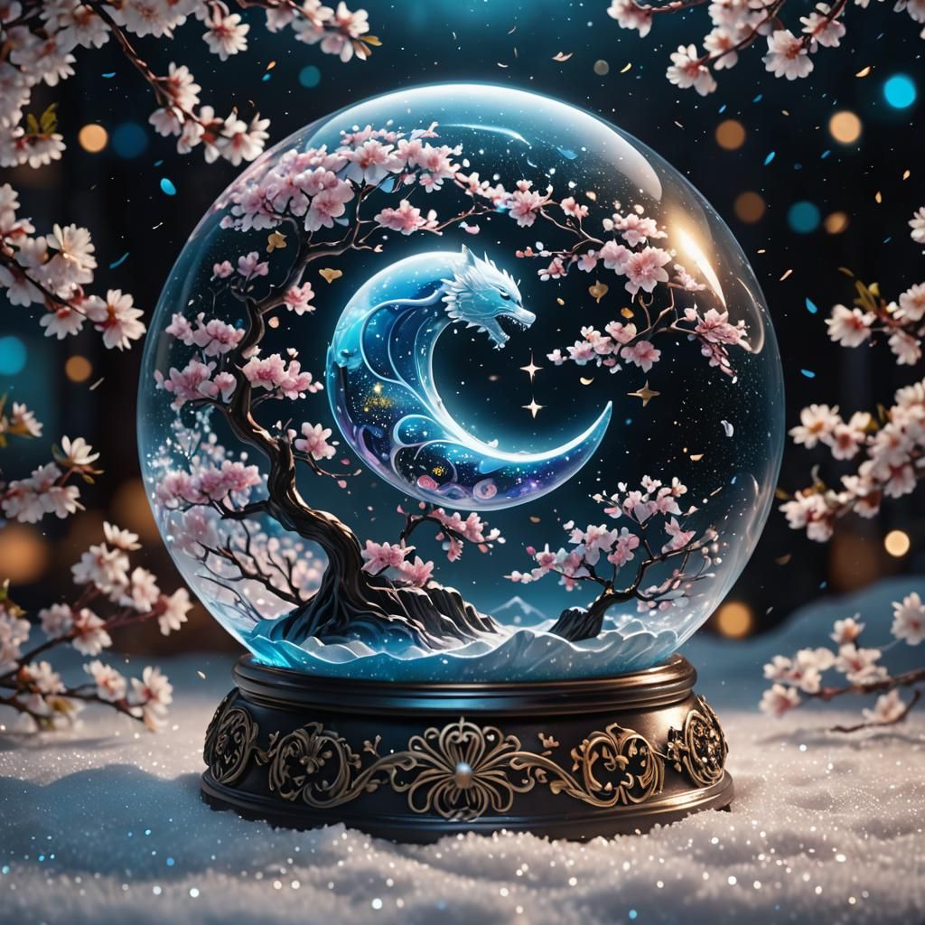 Ornate Snow Globe with Yin Yang Moon Design