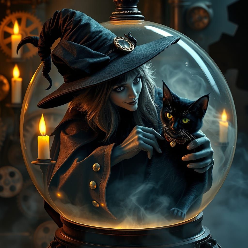 Sinister Fairy Witch and Cat in Steampunk Globe