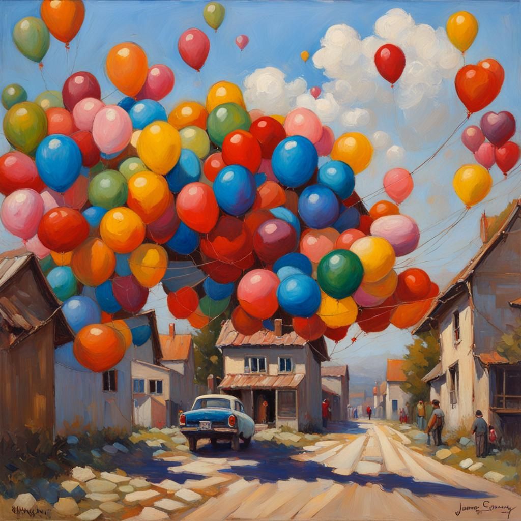 Houses and Heart Balloons: Imaginative Oil Painting