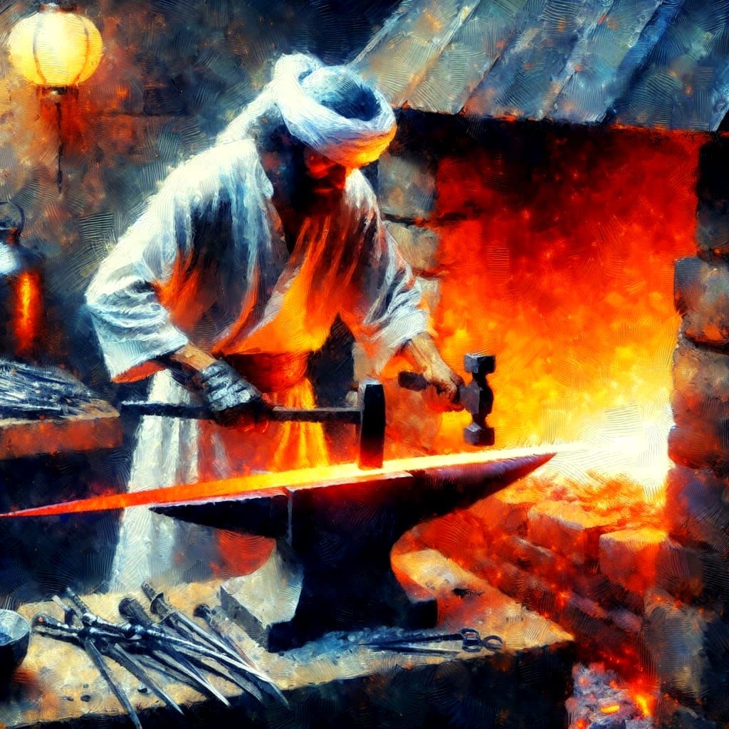 Expert Sword Maker in Dreamlike Forge Scene