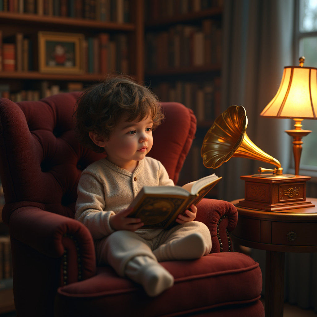 Child Listening to Pinocchio Audiobook in Dreamy Style