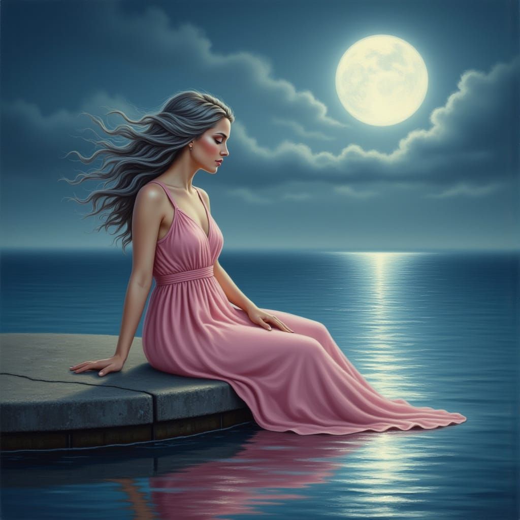 Woman in Pink Dress by Moonlit Water