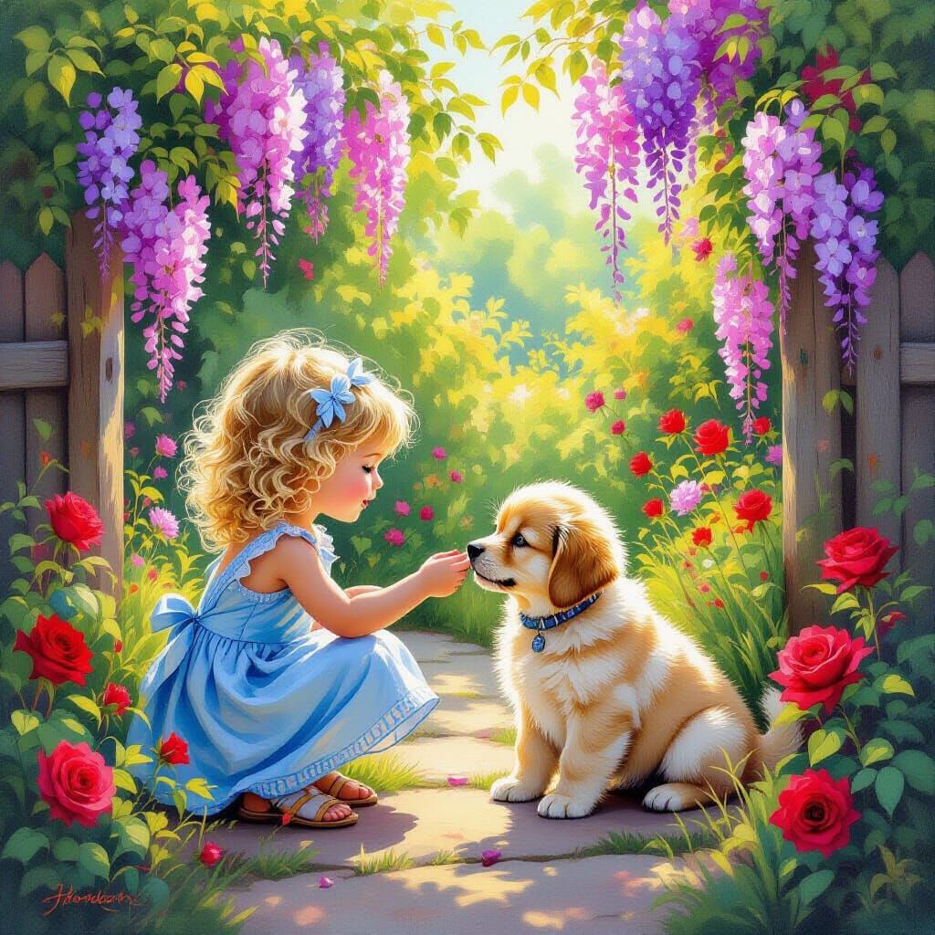 Girl and Puppy in Colorful Garden Painting