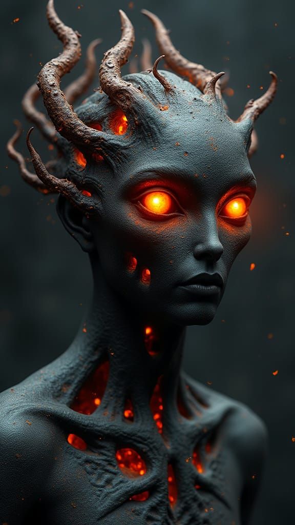 Ancient Sandpaper Being with Volcanic Ember Eyes