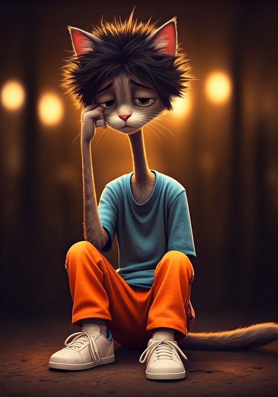Melancholic Cartoon Cat Slumped in Exhaustion: 3D Anime Styl...