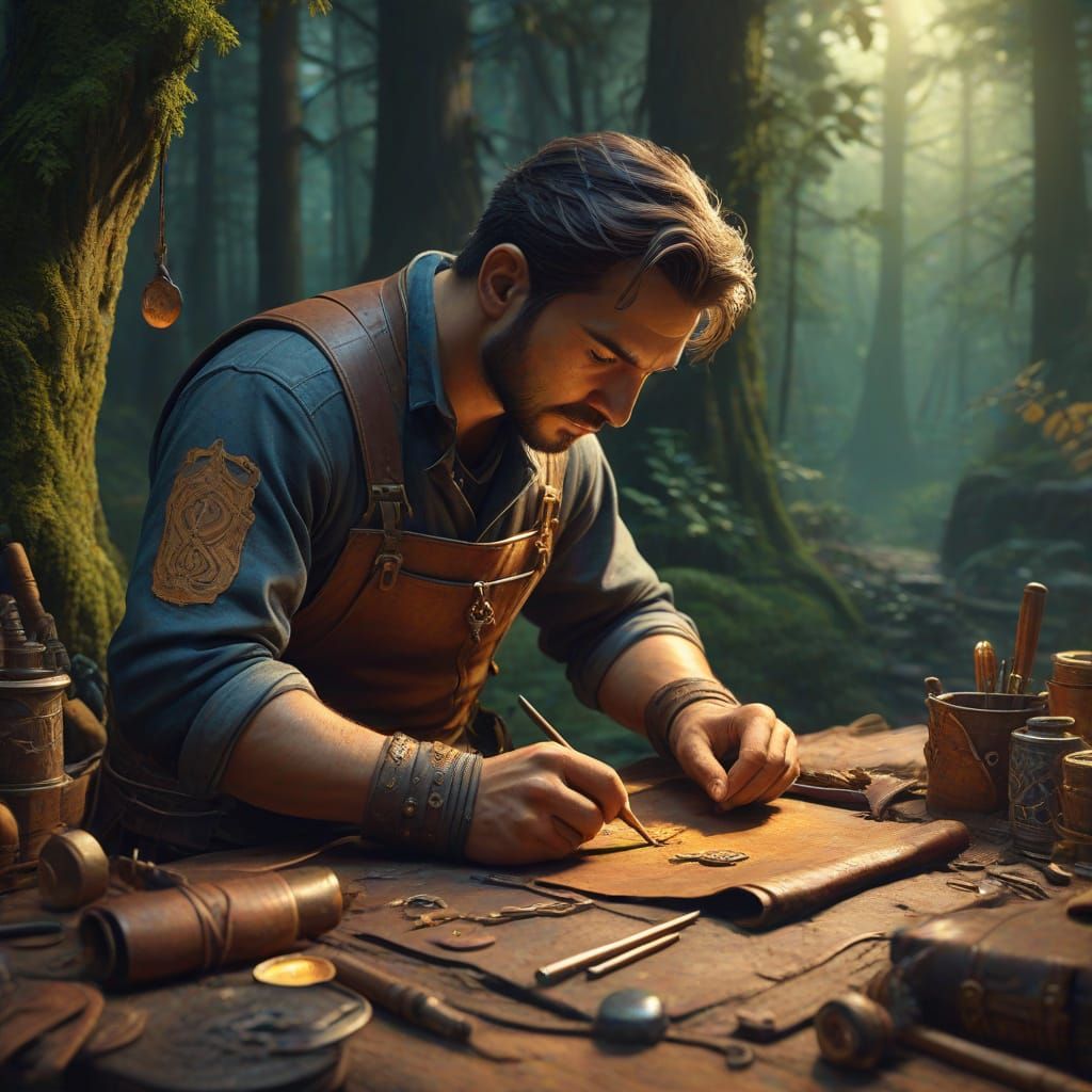 Mystical Leatherworker in Forest, Vibrant Oil Painting
