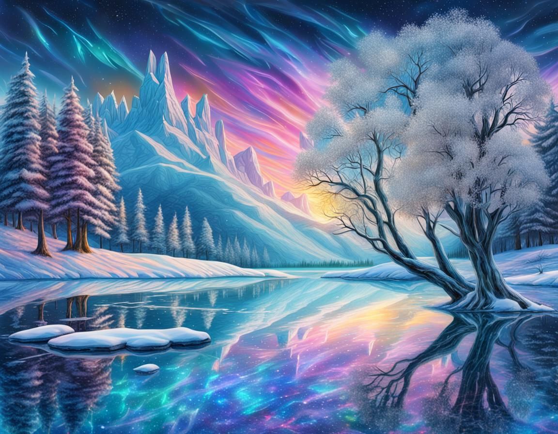 Cosmic Winter Lake: Holographic Astral Illustration