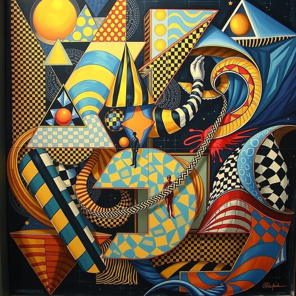 Harlequin in Hypnotic Maze of Geometric Optical Illusion