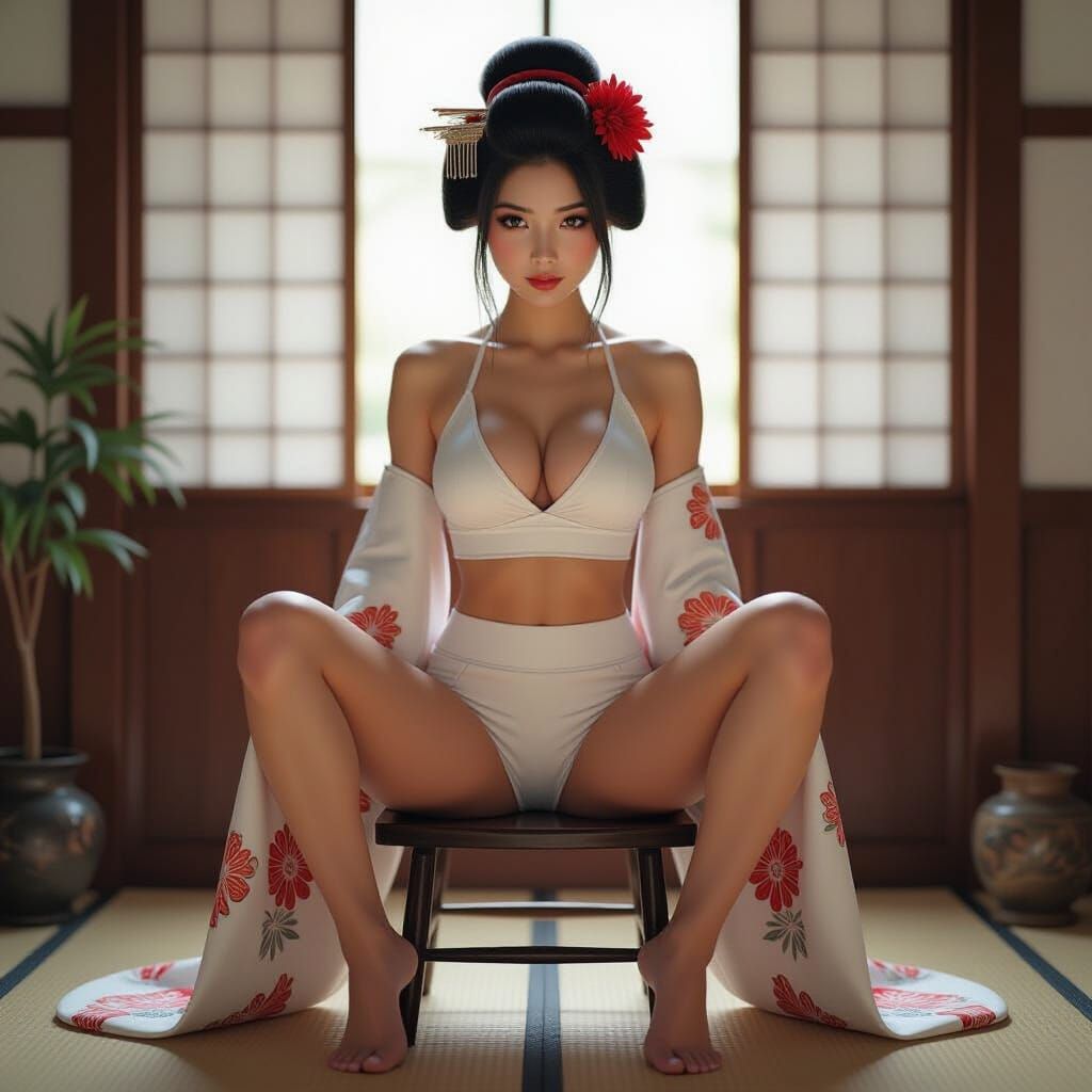 Geisha in White Shorts with Japanese Accents