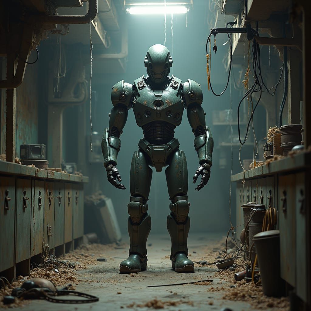 ATOM in Abandoned Lab: Dystopian Sci-Fi Art