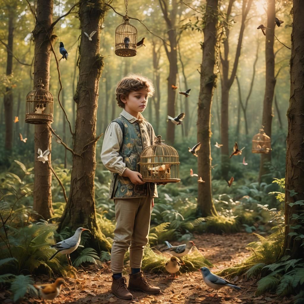 Boy with Birdcage in Rococo Style