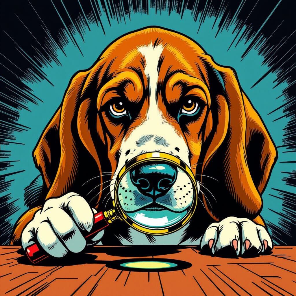 Detective Basset Hound Peeking Under Magnifying Glass in Com...