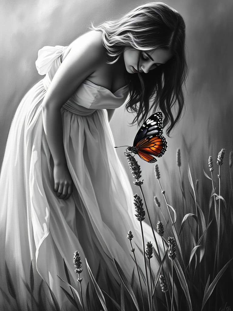 Ethereal Black and White Oil Painting of Woman and Butterfly