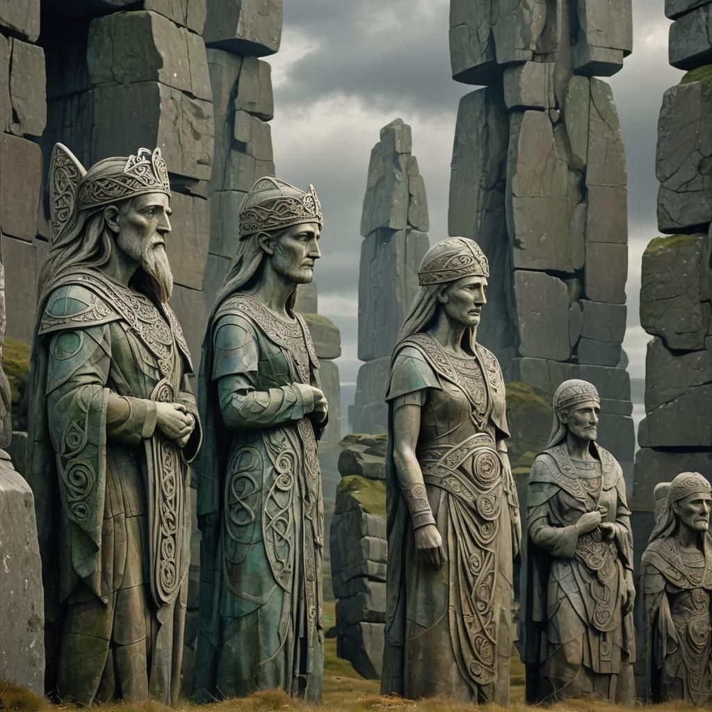 Celtic Figures Near Colossal Monoliths in Soft Light