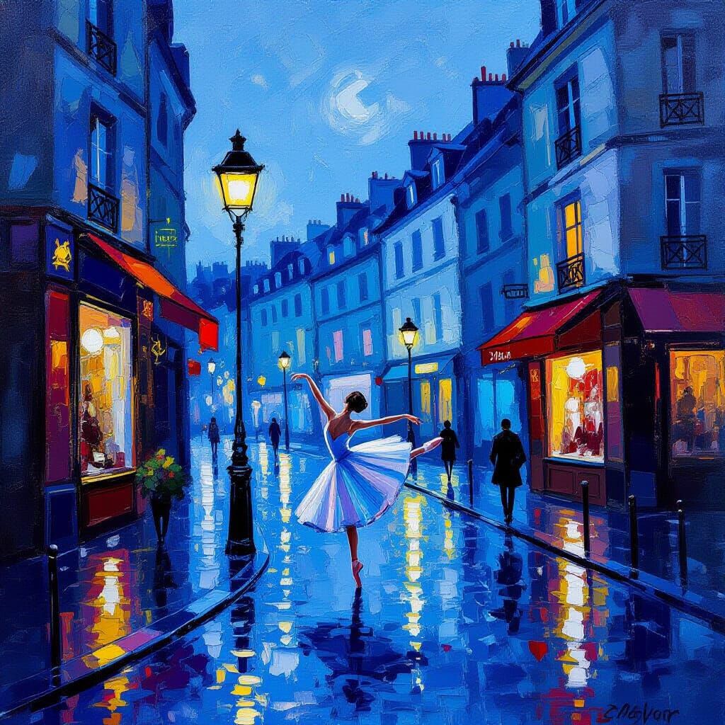 Ballet Dancer in Rainy Paris at Dusk, Impressionistic Oil Pa...
