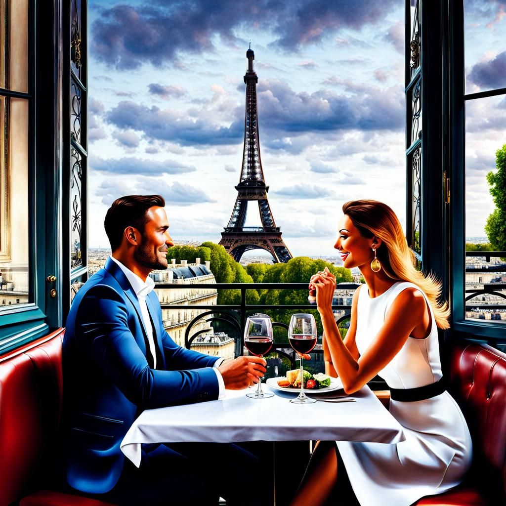 Romantic Paris Restaurant Scene as Oil Painting