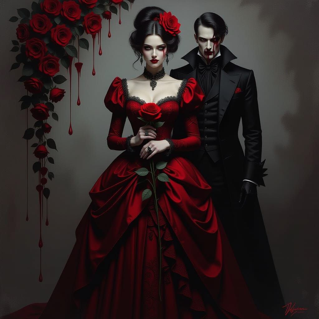 Gothic Horror: Woman in Red Victorian Gown with Blood Rose