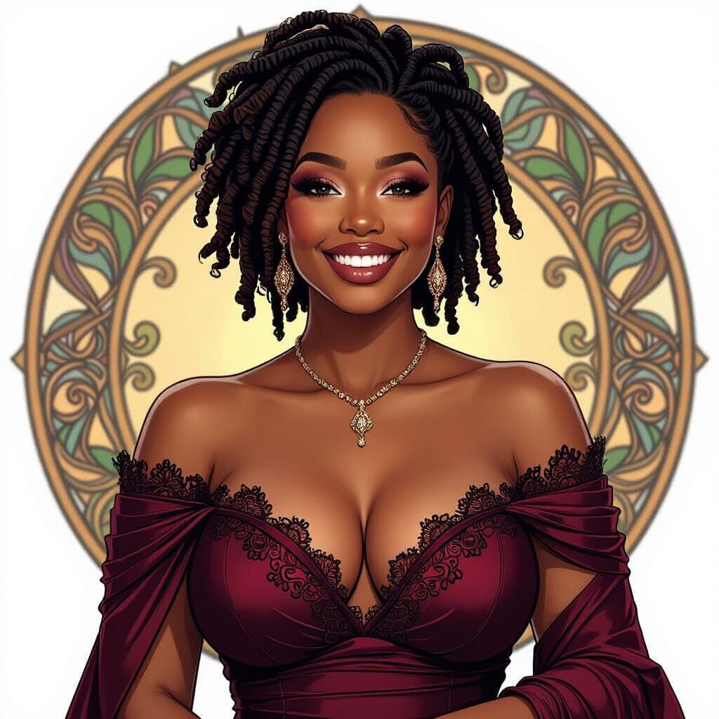 Elegant Woman in Burgundy Dress, Digital Art Style