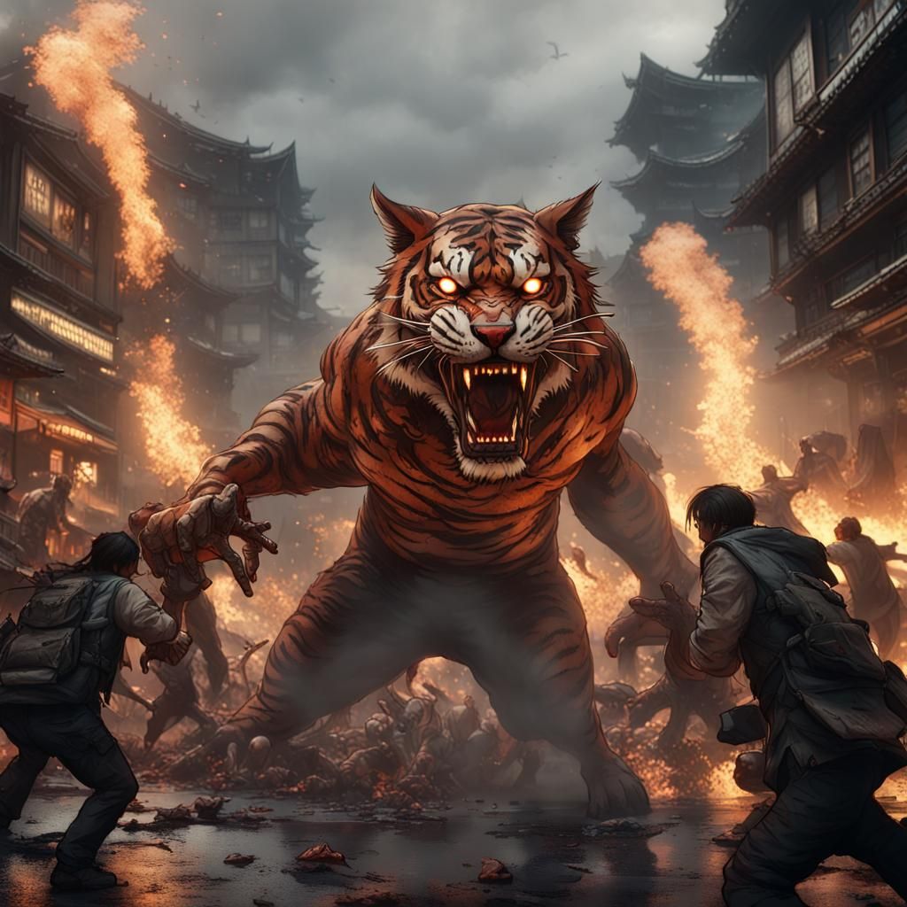Giant Tiger vs Zombies in Apocalyptic Japan