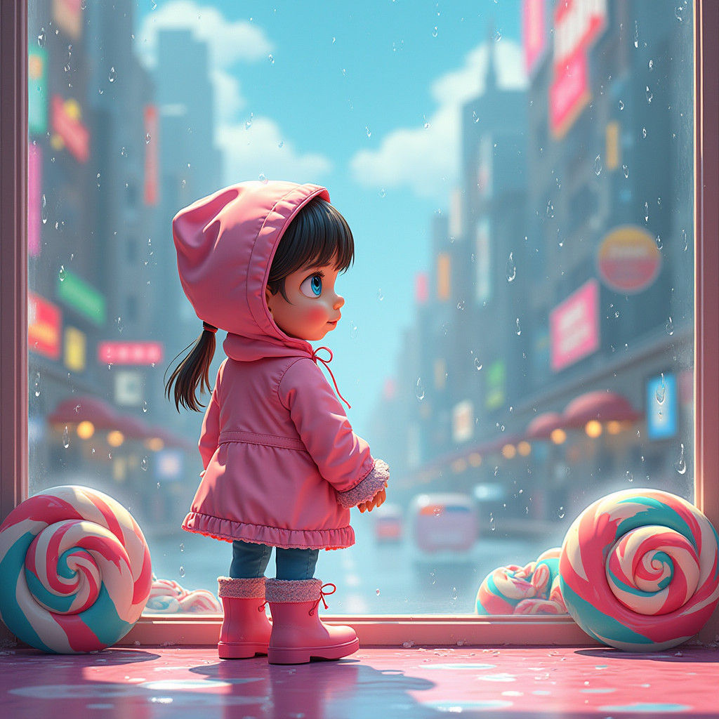 Girl Gazes at Whimsical Candy City Through Rainy Window