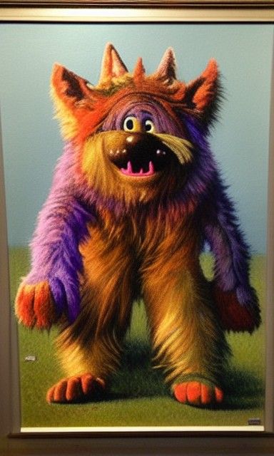 Colorful Furry Monster Toy as Oil Painting