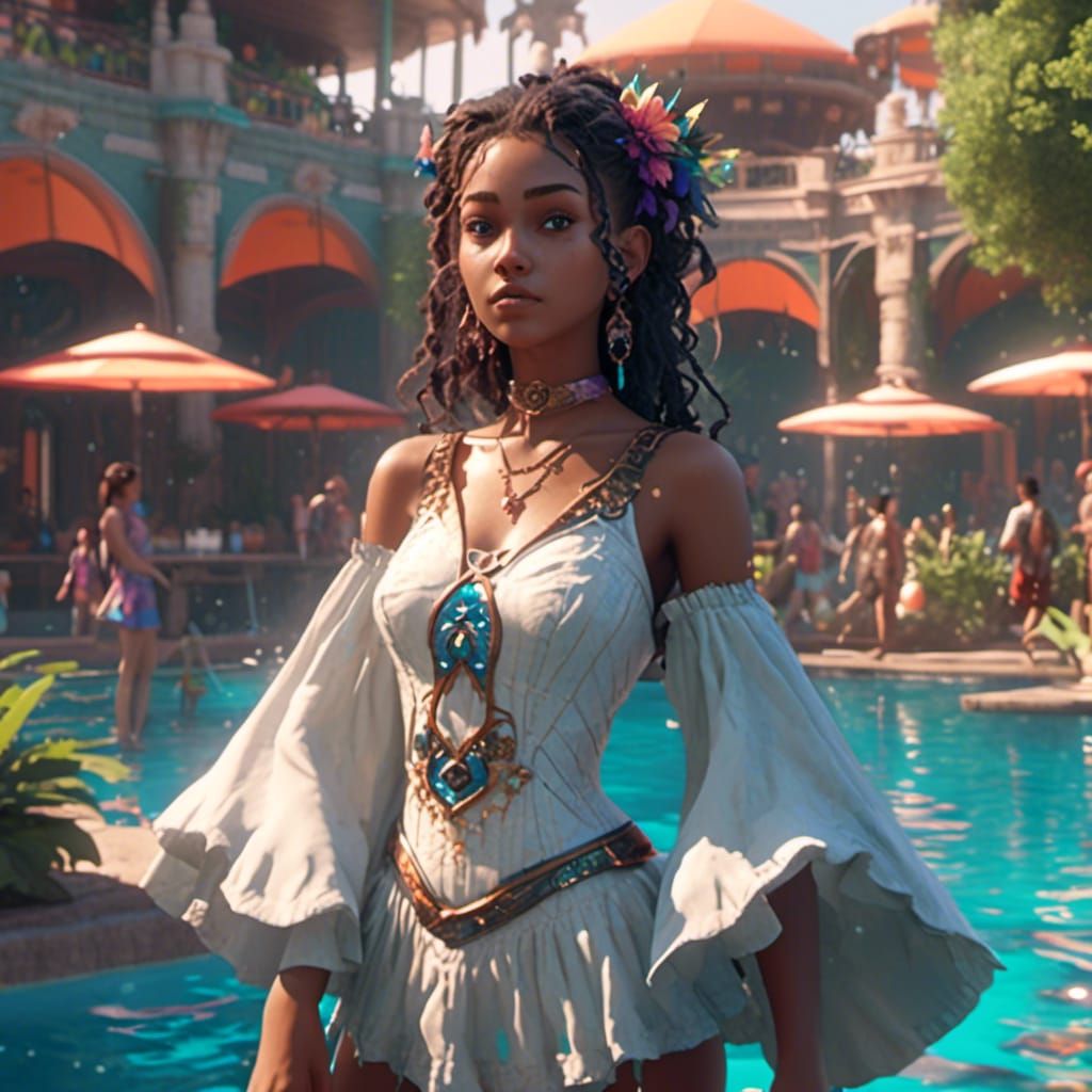 Teenage Girl at Pool Party in Animation Style