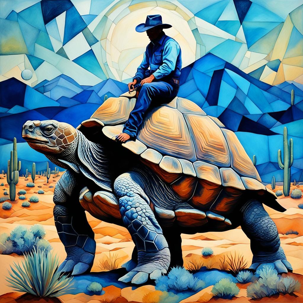 Cowboy Rides Tortoise in Desert, Dark Fantasy Concept