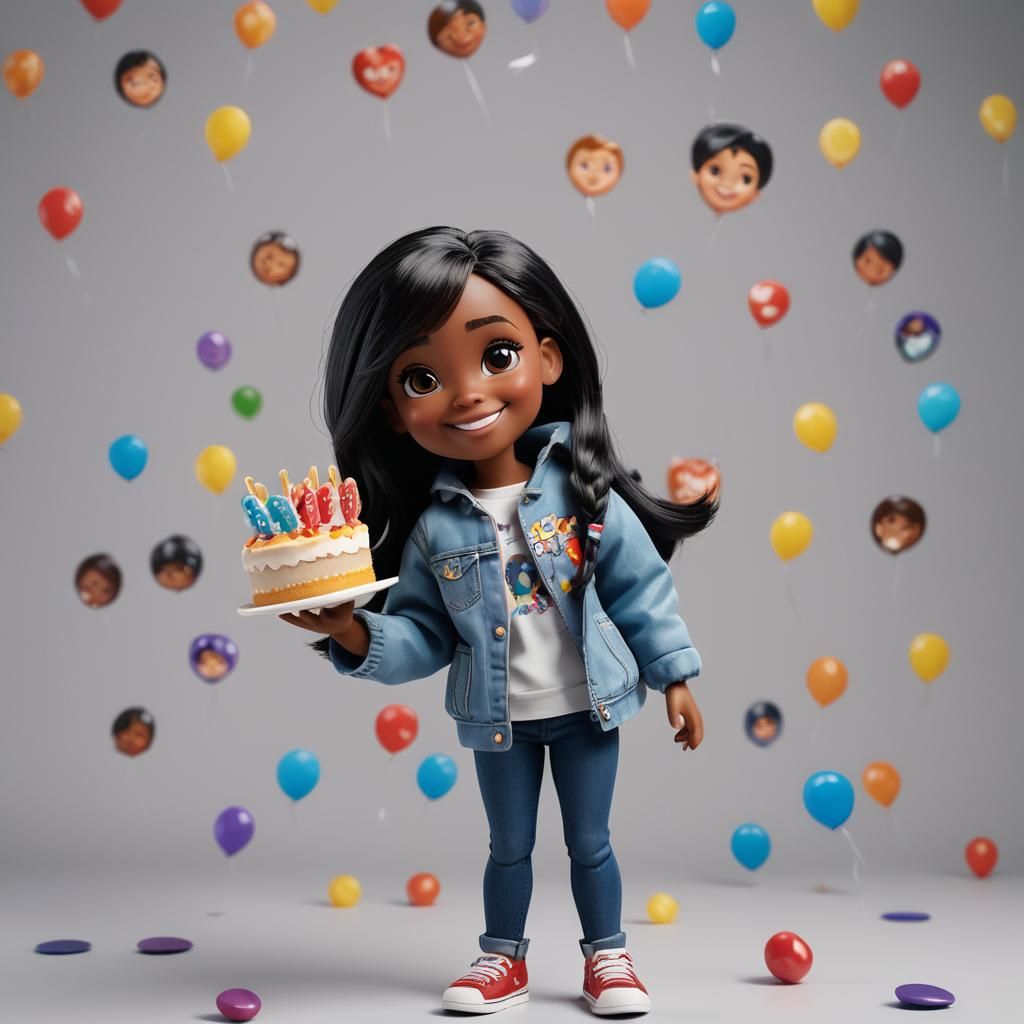 Cute Black Girl Doll with Cake in Disney Pixar Style