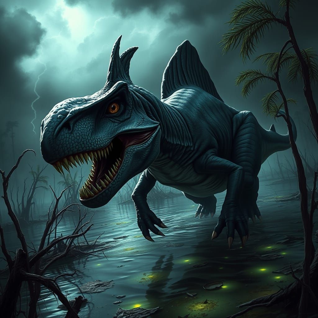 Fierce Atrociraptor Shark Hybrid in Swamp Concept Art