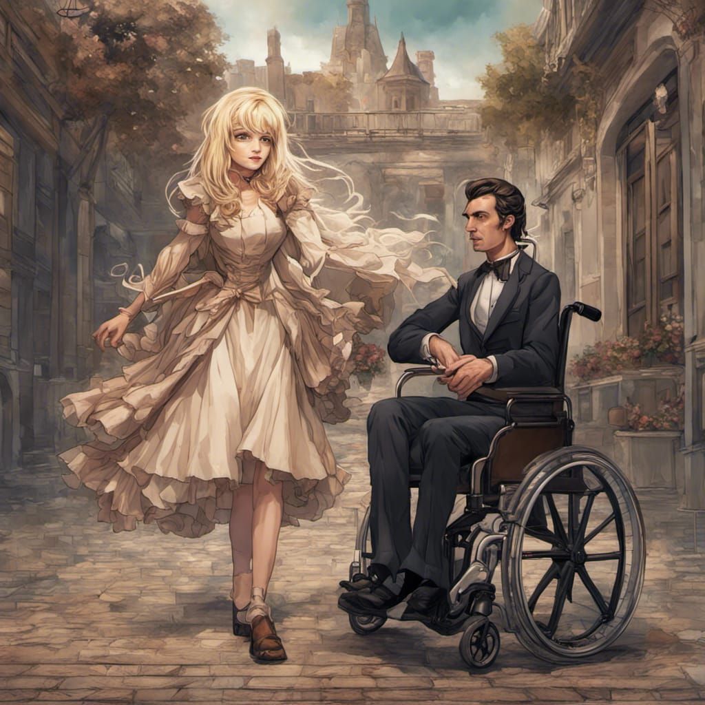 Fantastical Scene with Woman in Wheelchair: Detailed Matte P...