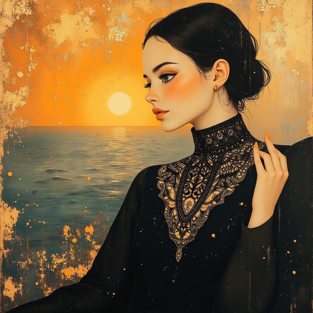 Elegant Woman in Black Dress Against Sunset Backdrop