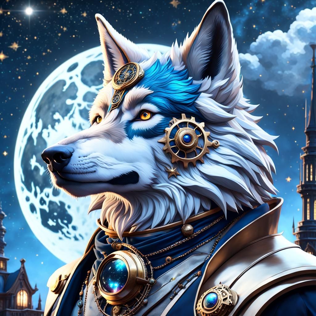 Steampunk Wolf Portrait under Starry Night