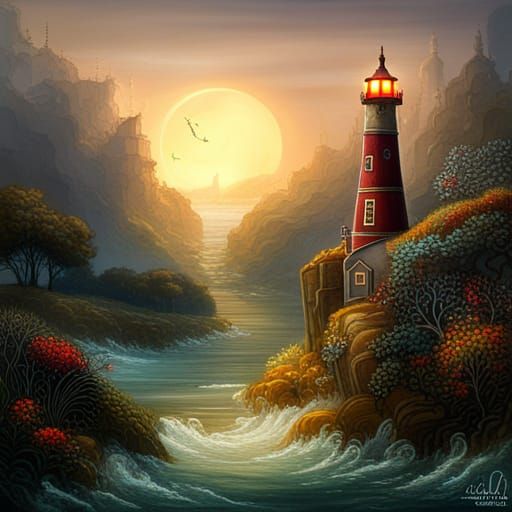Surreal Lighthouse Sunset with Intricate Details