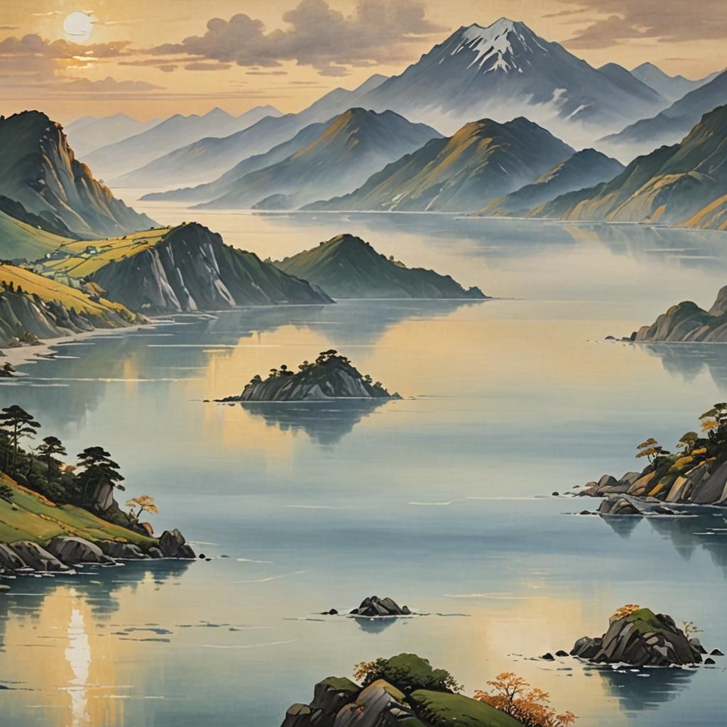 Fjords Meet the Sea: An Oil Painting in Golden Hour